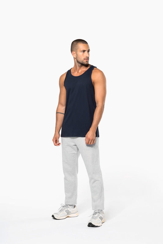 Vyriški be rankovių ekologiškos medvilnės šukuoti džersio marškinėliai — naturalusdrabuziai.lt
