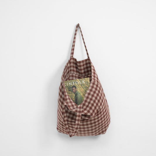 Chocolate Gingham lino didelis krepšys — naturalusdrabuziai.lt