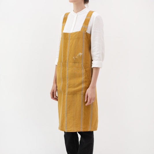 lino Tales Amber Bronze Stripes lino Pinafore prijuostė — naturalusdrabuziai.lt