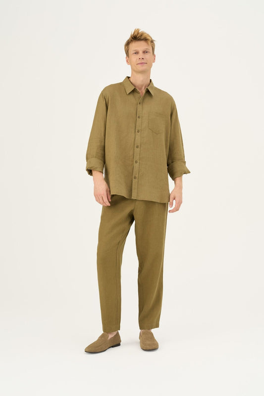 Olive Khaki lino Magnus kelnės — naturalusdrabuziai.lt