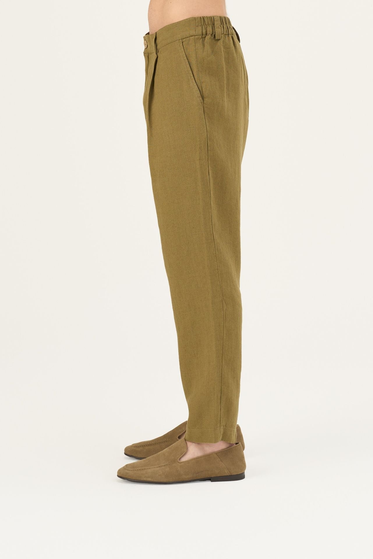 Olive Khaki lino Magnus kelnės — naturalusdrabuziai.lt