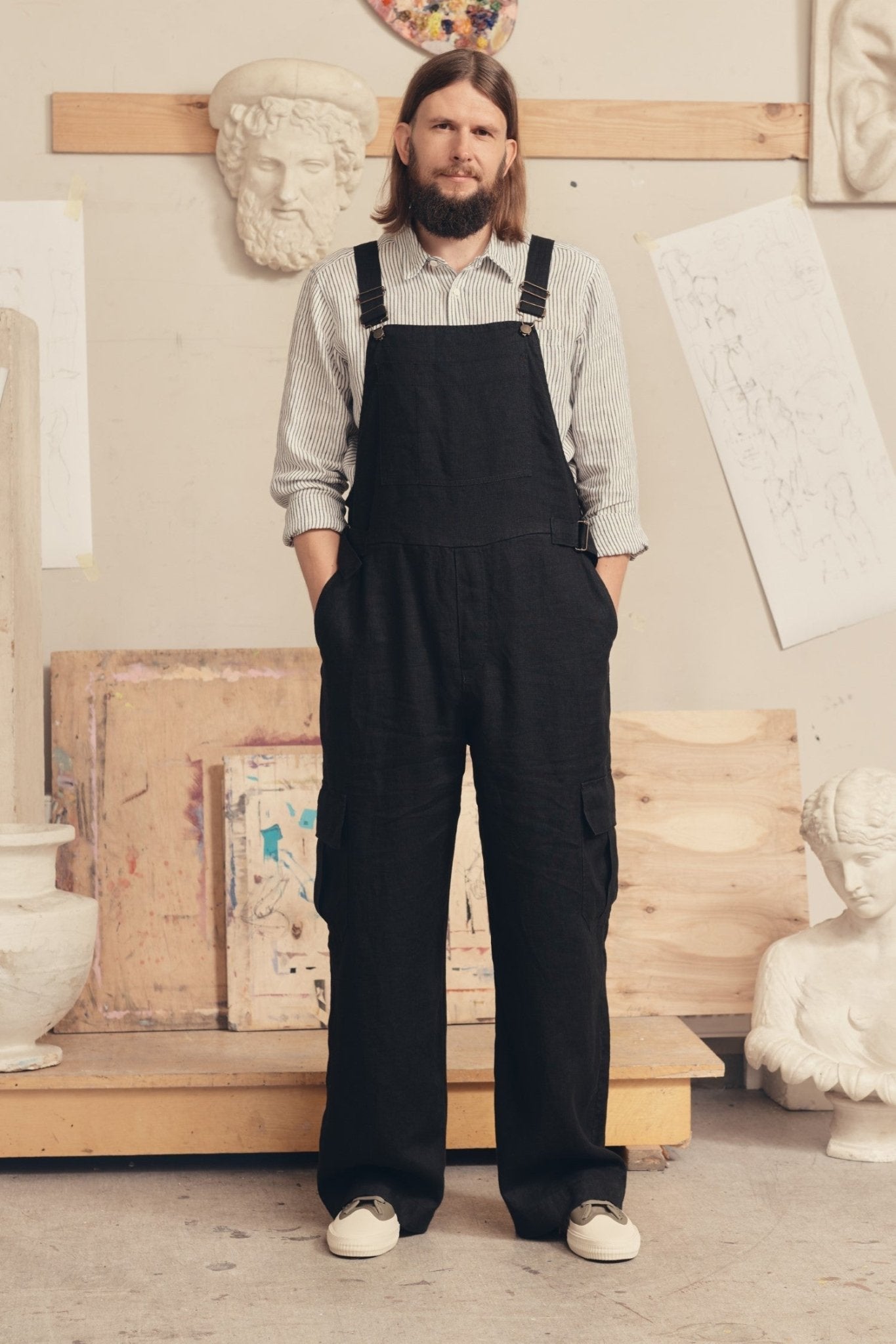Black Linen Elm Overalls