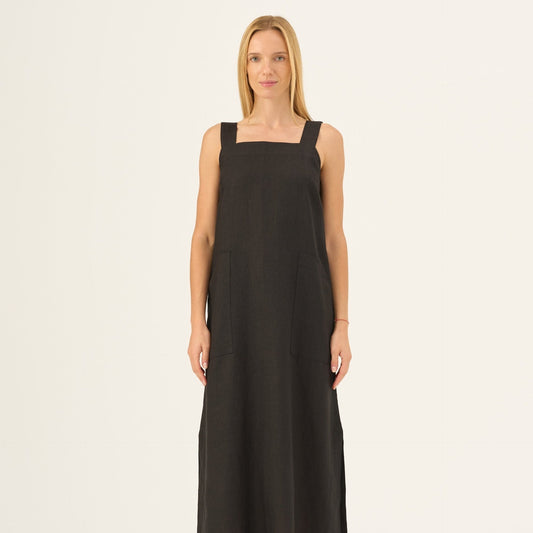 Black Linen Fugue Dress — naturalusdrabuziai.lt
