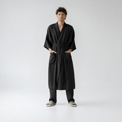 Black lino Summer chalatas — naturalusdrabuziai.lt