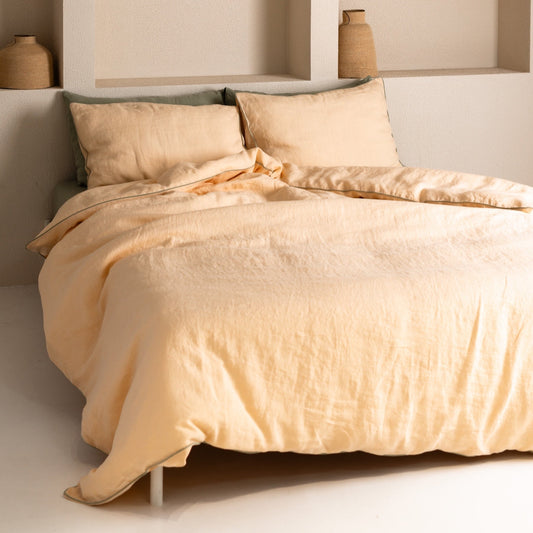 Brazilian Sand lino antklodės užvalkalas rinkinys with Sage Piping — naturalusdrabuziai.lt