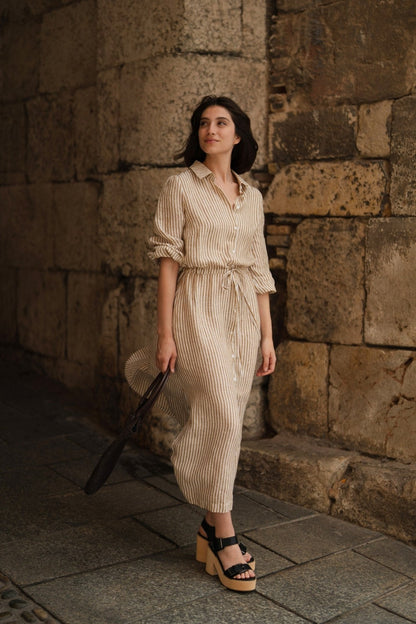 Bronze White Stripes Linen Rhapsody Dress