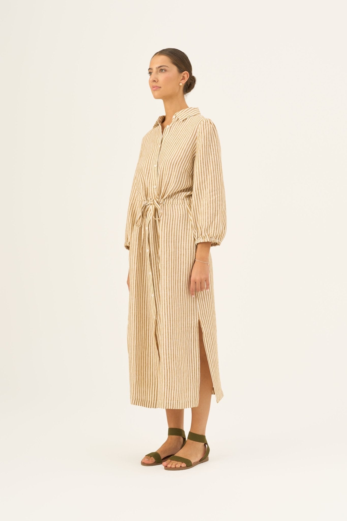 Bronze White Stripes lino Rhapsody suknelė — naturalusdrabuziai.lt