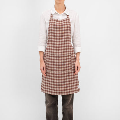 Chocolate Gingham lino kasdienė prijuostė — naturalusdrabuziai.lt