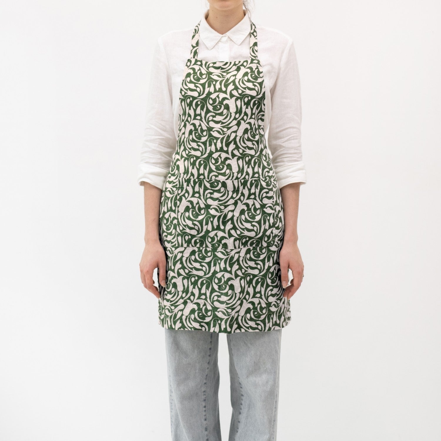 Evergreen Damask lino kasdienė prijuostė — naturalusdrabuziai.lt