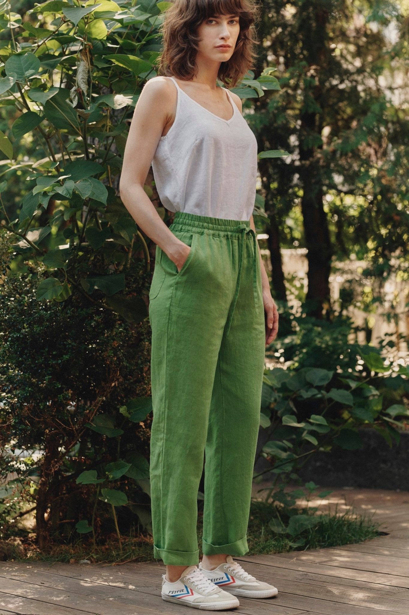 Foliage Green lino Octave kelnės — naturalusdrabuziai.lt