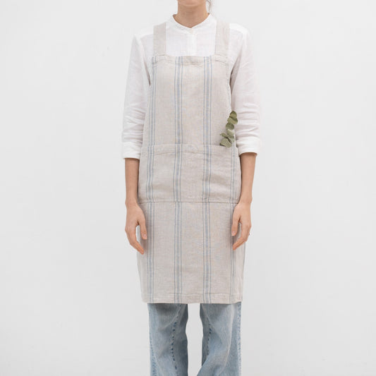 Grey Blue Wide Stripe Rustic lino kryžminio tipo prijuostė — naturalusdrabuziai.lt
