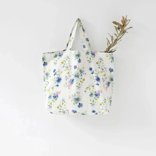 LIMITED EDITION White Flowers lino didelis krepšys — naturalusdrabuziai.lt