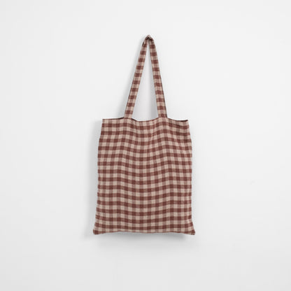 lino Tales Chocolate Gingham lino pirkinių krepšys — naturalusdrabuziai.lt