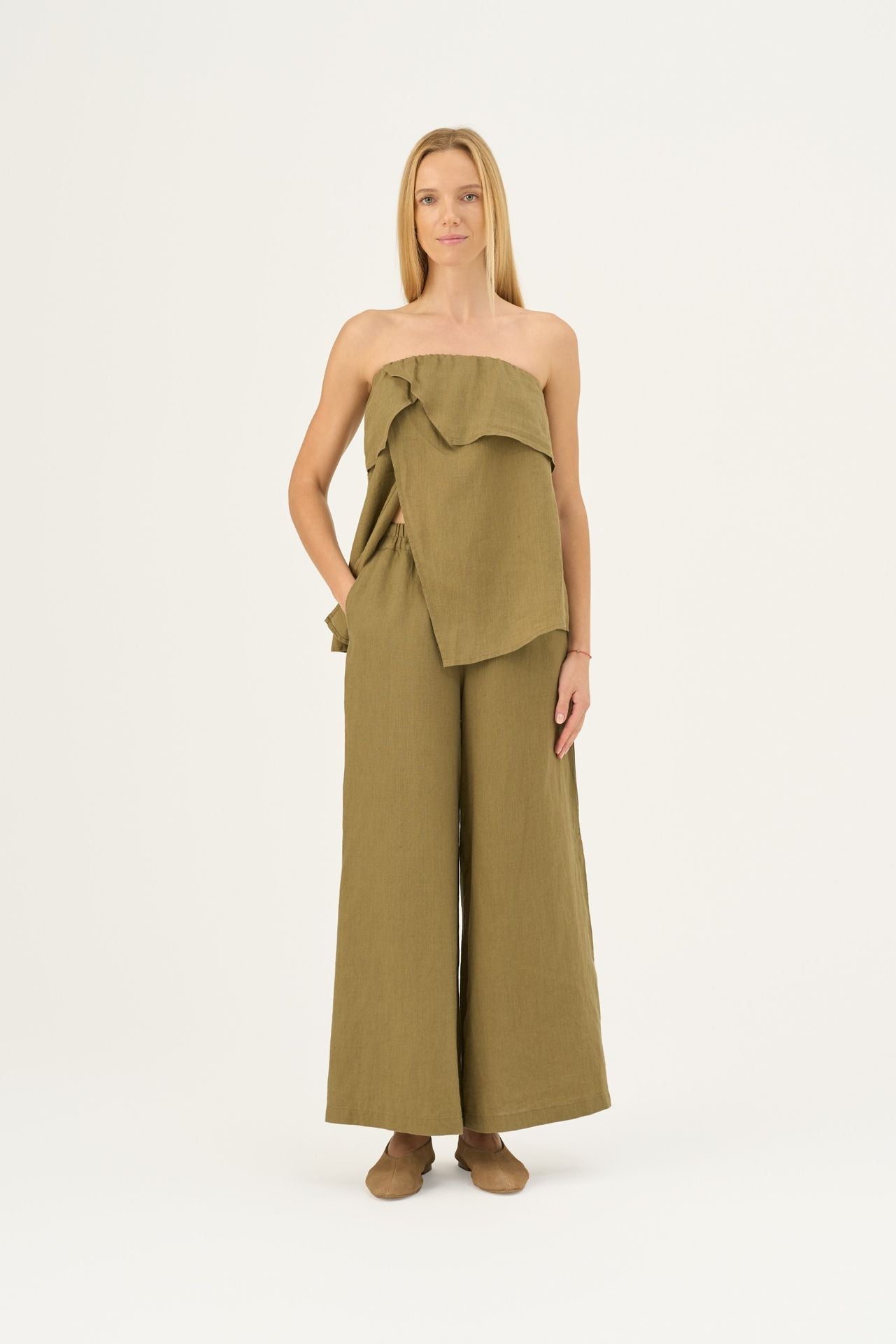 Olive Khaki lino Zayn kelnės — naturalusdrabuziai.lt