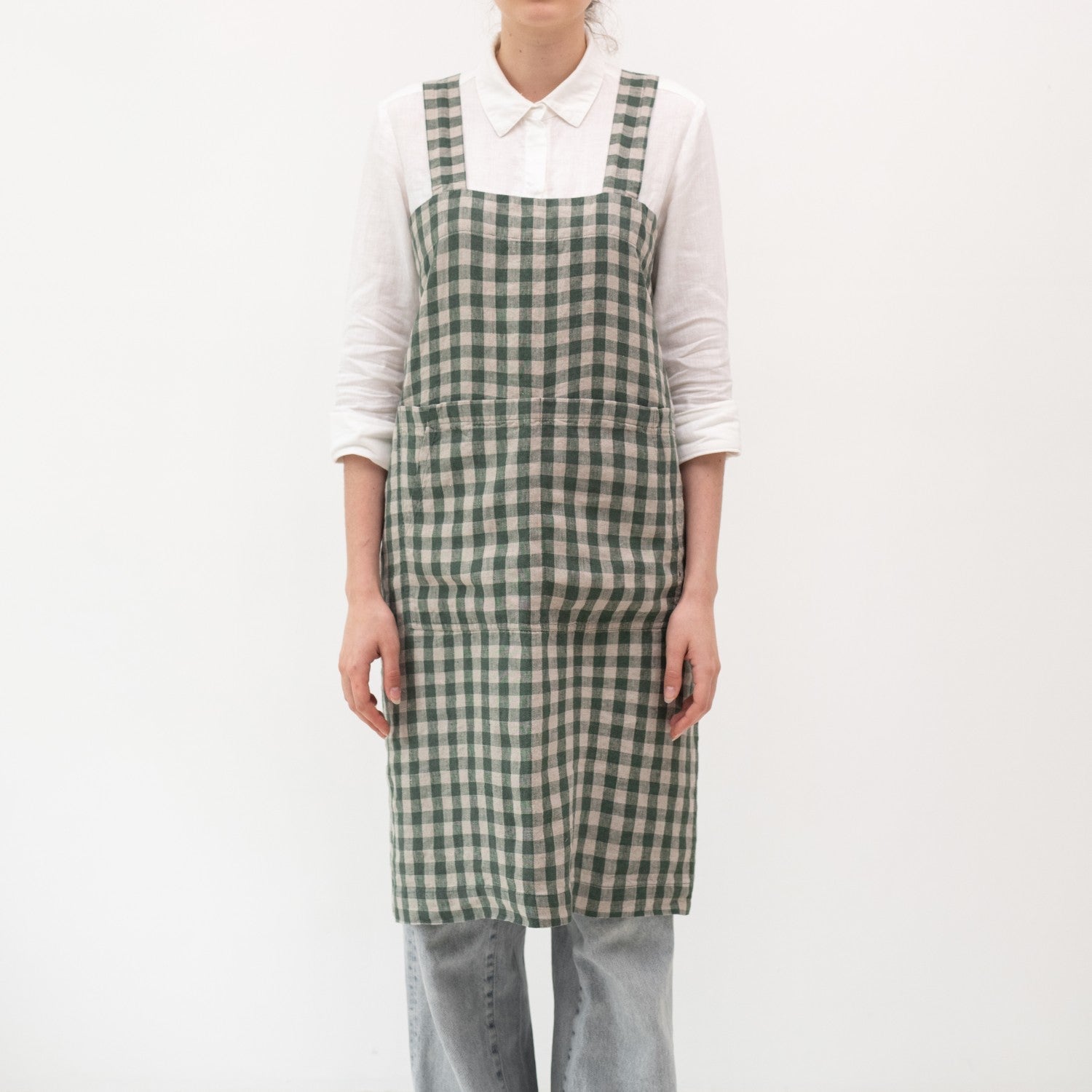lino Tales Forest Green Gingham lino Pinafore prijuostė — naturalusdrabuziai.lt