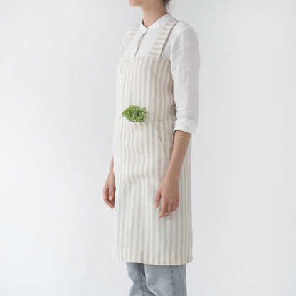 lino Tales Natural White Stripes lino Pinafore prijuostė — naturalusdrabuziai.lt