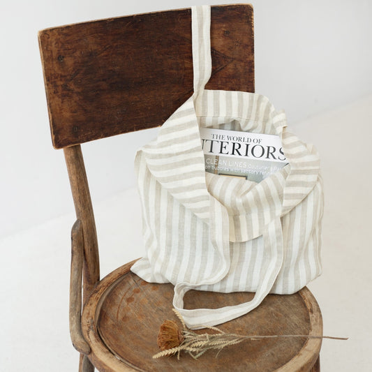 lino Tales Natural White Stripes lino pirkinių krepšys — naturalusdrabuziai.lt