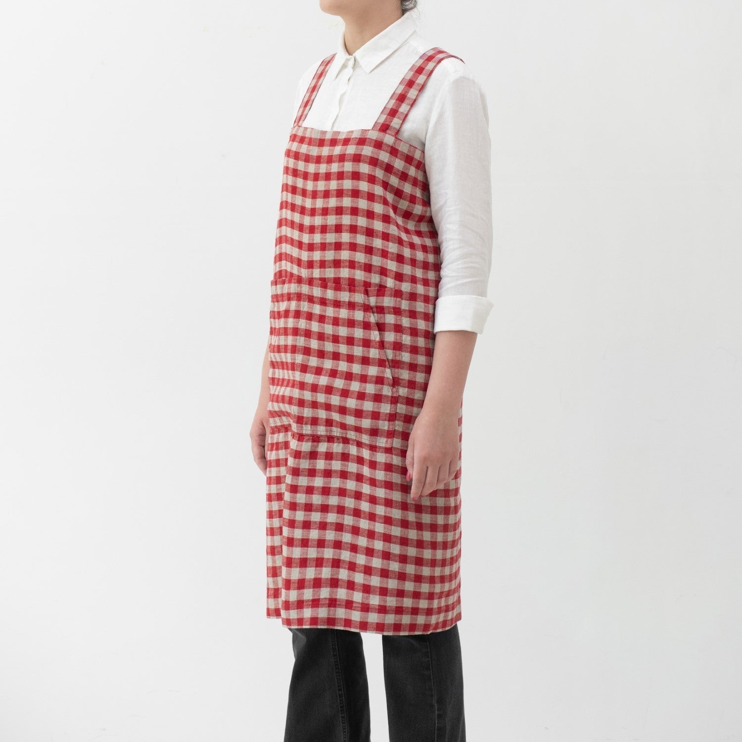 lino Tales Red Gingham lino Pinafore prijuostė — naturalusdrabuziai.lt