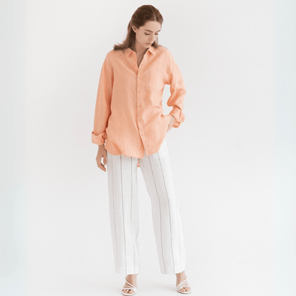 Milk White with Grey Stripe lino Willow kelnės — naturalusdrabuziai.lt