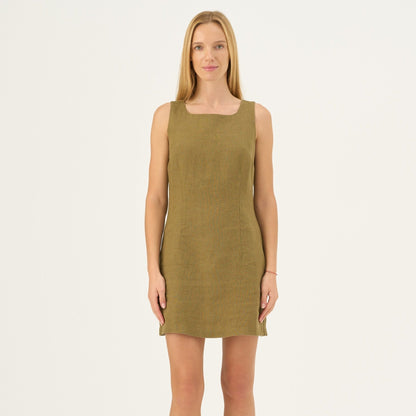 Olive Khaki lino Alba suknelė — naturalusdrabuziai.lt