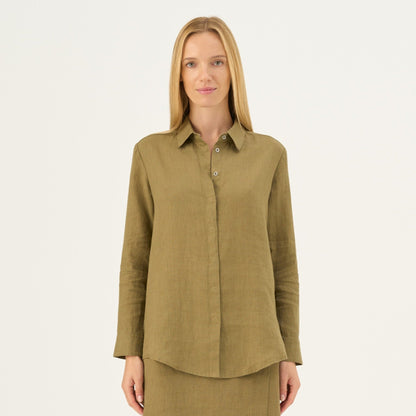 Olive Khaki lino Azalea marškiniai — naturalusdrabuziai.lt