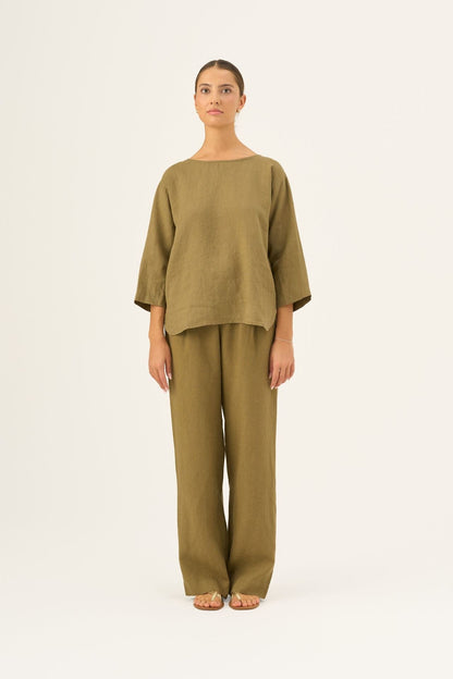 Olive Khaki lino Bilberry viršus — naturalusdrabuziai.lt