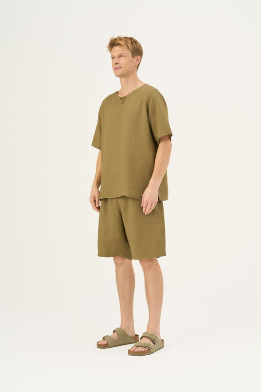 Olive Khaki lino Fern Pyjama rinkinys — naturalusdrabuziai.lt