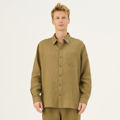 Olive Khaki lino Larch marškiniai — naturalusdrabuziai.lt