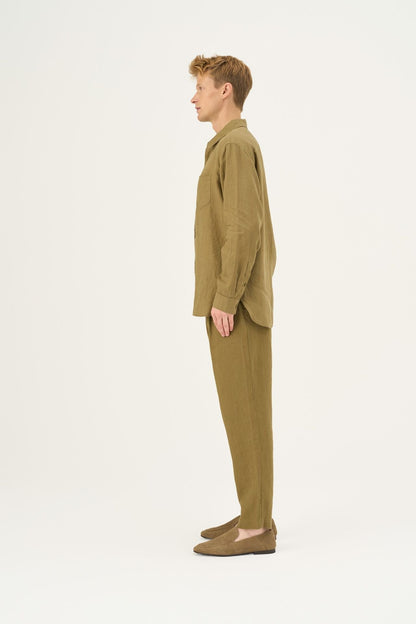 Olive Khaki lino Larch marškiniai — naturalusdrabuziai.lt