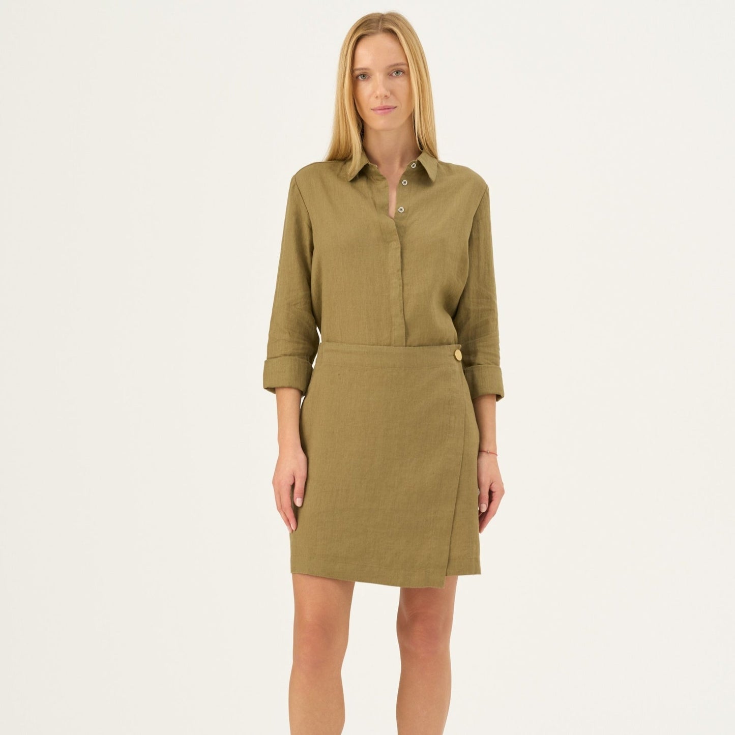Olive Khaki lino Lumen sijonas — naturalusdrabuziai.lt