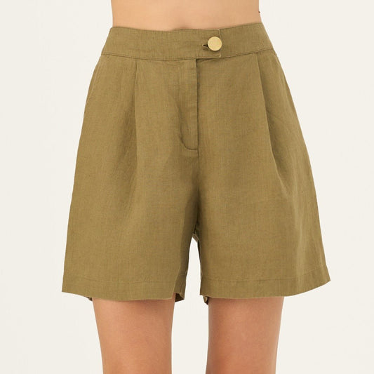 Olive Khaki lino Mirabilis šortai — naturalusdrabuziai.lt