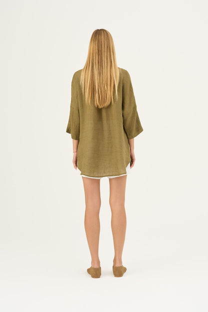 Olive Khaki lino Oregano marškiniai — naturalusdrabuziai.lt