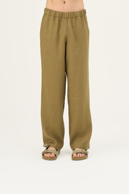 Olive Khaki lino Sensus kelnės — naturalusdrabuziai.lt