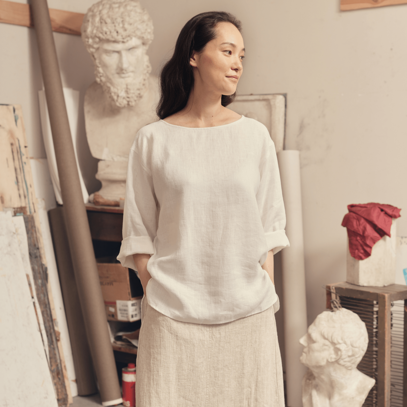 Optical White Linen Bilberry Top
