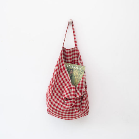 Red Gingham lino didelis krepšys — naturalusdrabuziai.lt