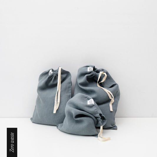 Zero Waste Blue Fog lino Drawstring Bags rinkinys of 3 — naturalusdrabuziai.lt