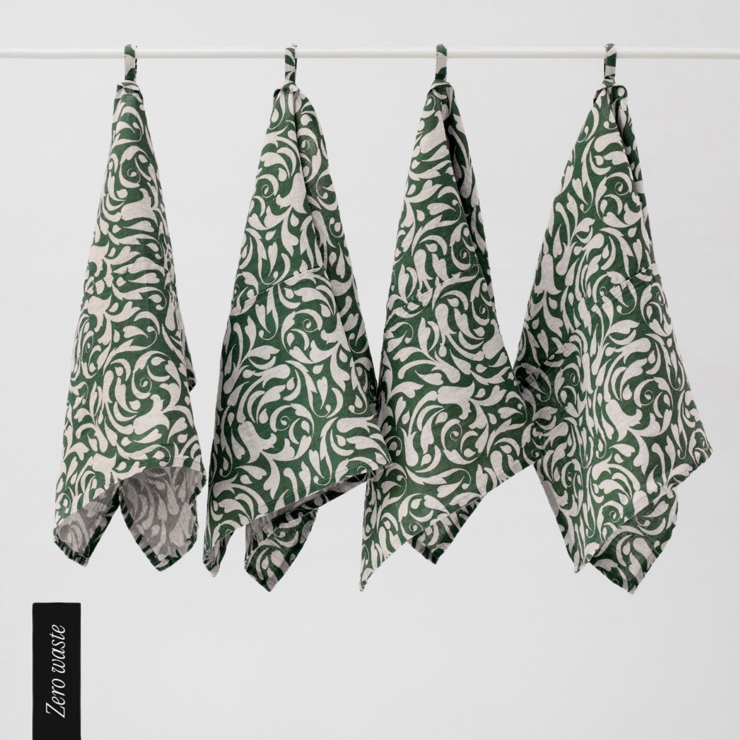 Zero Waste Evergreen Damask lino virtuvinė servetės rinkinys 4 vnt. — naturalusdrabuziai.lt