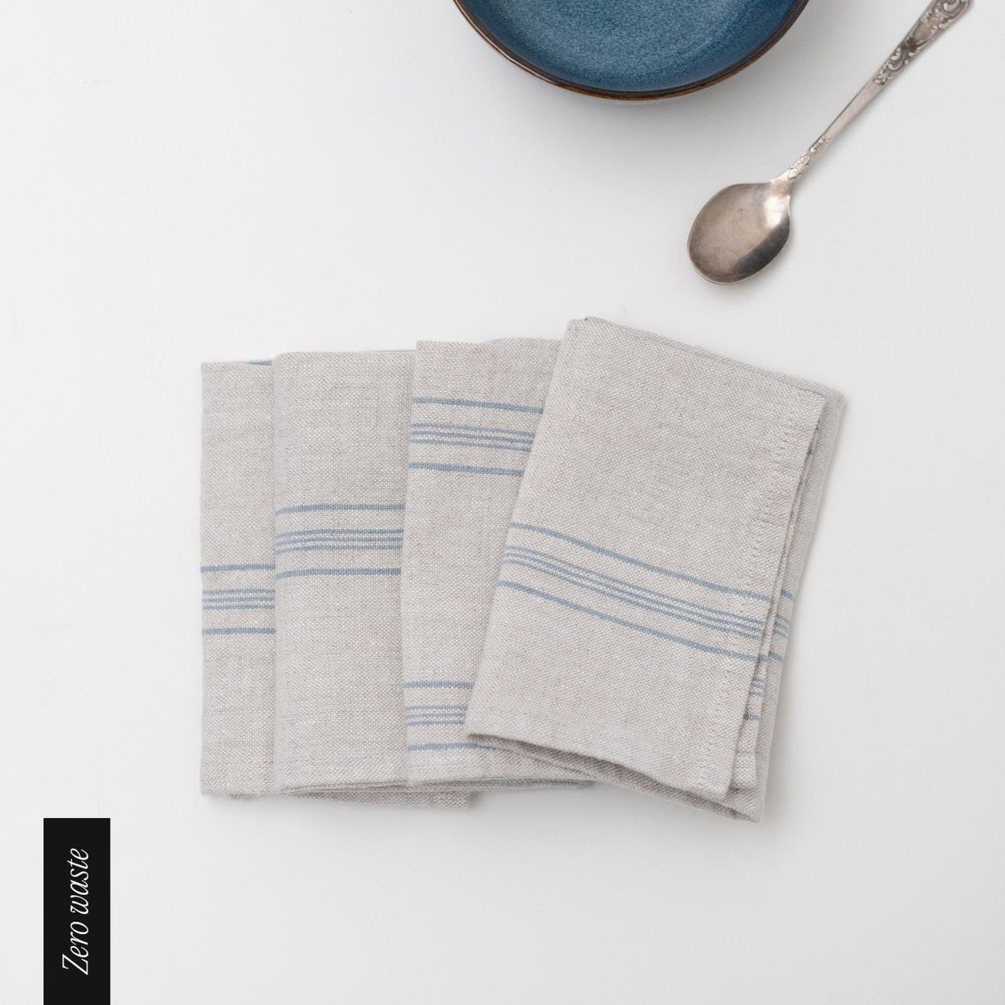 Zero Waste Grey Blue Wide Stripe Rustic lino servetėlių rinkinys 4 vnt. — naturalusdrabuziai.lt