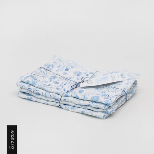Zero Waste White Botanical Blue lino virtuvinė servetės rinkinys 4 vnt. — naturalusdrabuziai.lt