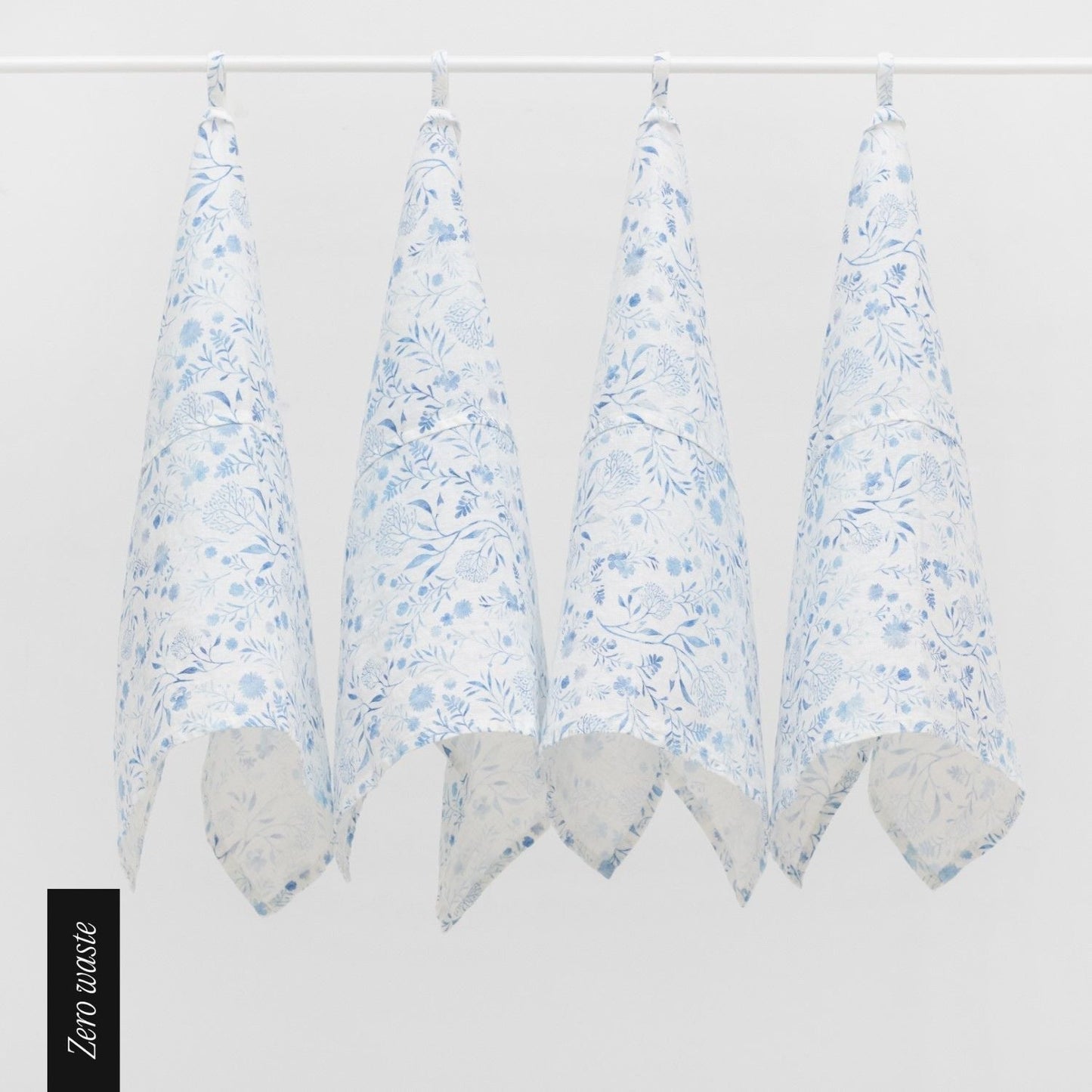 Zero Waste White Botanical Blue lino virtuvinė servetės rinkinys 4 vnt. — naturalusdrabuziai.lt
